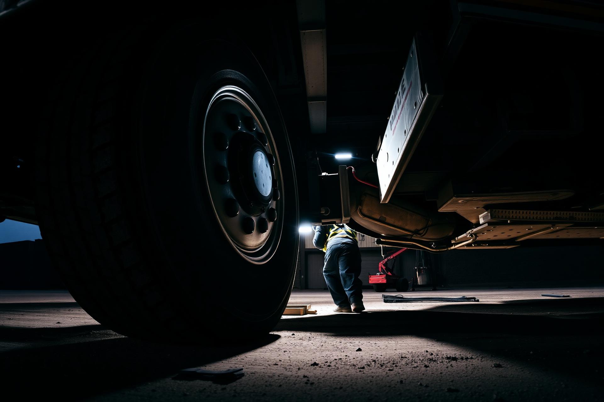 Heavy-duty diesel truck wheel with mechanic working under the chassis